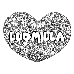 Coloriage prénom LUDMILLA - décor Mandala coeur