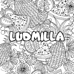 Coloriage prénom LUDMILLA - décor Mandala fruits