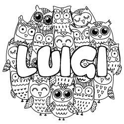 Coloriage pr&eacute;nom LUIGI - d&eacute;cor Chouettes