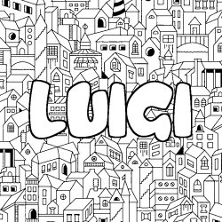 Coloriage pr&eacute;nom LUIGI - d&eacute;cor Ville