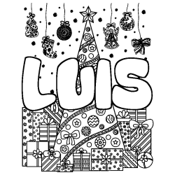 Coloriage pr&eacute;nom LUIS - d&eacute;cor Sapin et Cadeaux