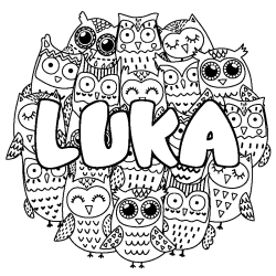 Coloriage pr&eacute;nom LUKA - d&eacute;cor Chouettes