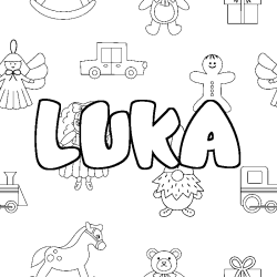Coloriage pr&eacute;nom LUKA - d&eacute;cor Jouets