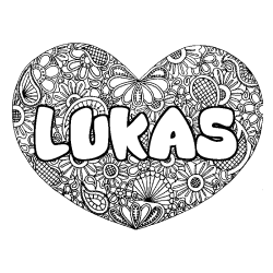 Coloriage pr&eacute;nom LUKAS - d&eacute;cor Mandala coeur