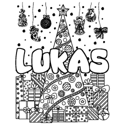 Coloriage prénom LUKAS - décor Sapin et Cadeaux