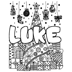 Coloriage pr&eacute;nom LUKE - d&eacute;cor Sapin et Cadeaux