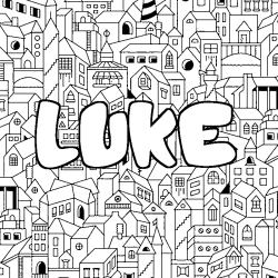 Coloriage pr&eacute;nom LUKE - d&eacute;cor Ville