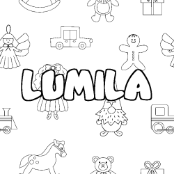 Coloriage pr&eacute;nom LUMILA - d&eacute;cor Jouets