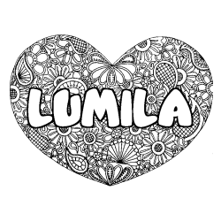 Coloriage pr&eacute;nom LUMILA - d&eacute;cor Mandala coeur