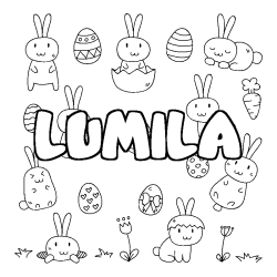 Coloriage pr&eacute;nom LUMILA - d&eacute;cor Paques