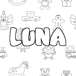 Coloriage prénom LUNA - décor Jouets