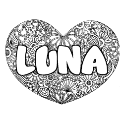 Coloriage pr&eacute;nom LUNA - d&eacute;cor Mandala coeur