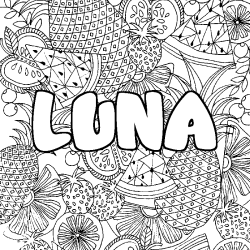 Coloriage prénom LUNA - décor Mandala fruits