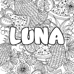 Coloriage pr&eacute;nom LUNA - d&eacute;cor Mandala fruits