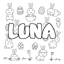 Coloriage pr&eacute;nom LUNA - d&eacute;cor Paques