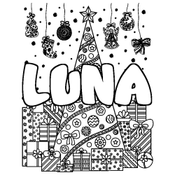 Coloriage prénom LUNA - décor Sapin et Cadeaux