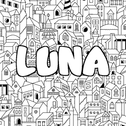 Coloriage prénom LUNA - décor Ville