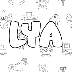 Coloriage pr&eacute;nom LYA - d&eacute;cor Jouets
