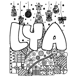 Coloriage pr&eacute;nom LYA - d&eacute;cor Sapin et Cadeaux