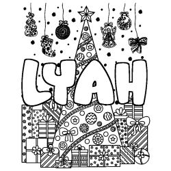 Coloriage prénom LYAH - décor Sapin et Cadeaux