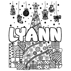 Coloriage prénom LYANN - décor Sapin et Cadeaux