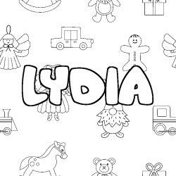 Coloriage prénom LYDIA - décor Jouets