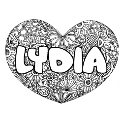 Coloriage prénom LYDIA - décor Mandala coeur