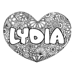 Coloriage pr&eacute;nom LYDIA - d&eacute;cor Mandala coeur