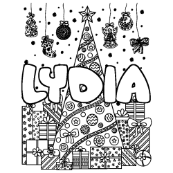 Coloriage pr&eacute;nom LYDIA - d&eacute;cor Sapin et Cadeaux