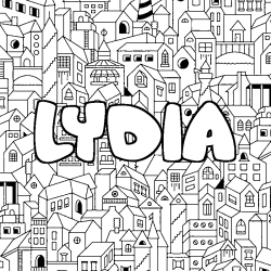 Coloriage pr&eacute;nom LYDIA - d&eacute;cor Ville