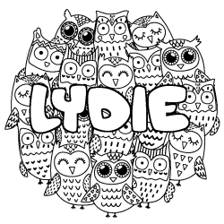 Coloriage prénom LYDIE - décor Chouettes