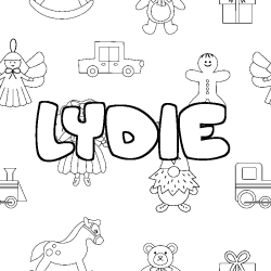 Coloriage pr&eacute;nom LYDIE - d&eacute;cor Jouets