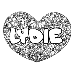 Coloriage pr&eacute;nom LYDIE - d&eacute;cor Mandala coeur