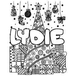 Coloriage prénom LYDIE - décor Sapin et Cadeaux