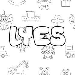Coloriage pr&eacute;nom LYES - d&eacute;cor Jouets