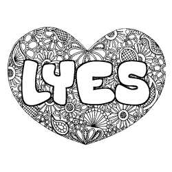 Coloriage pr&eacute;nom LYES - d&eacute;cor Mandala coeur