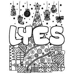 Coloriage pr&eacute;nom LYES - d&eacute;cor Sapin et Cadeaux