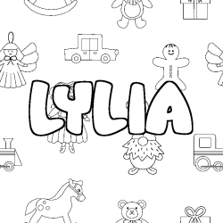Coloriage pr&eacute;nom LYLIA - d&eacute;cor Jouets