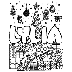 Coloriage pr&eacute;nom LYLIA - d&eacute;cor Sapin et Cadeaux