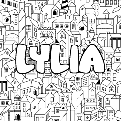 Coloriage pr&eacute;nom LYLIA - d&eacute;cor Ville