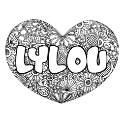 Coloriage pr&eacute;nom LYLOU - d&eacute;cor Mandala coeur