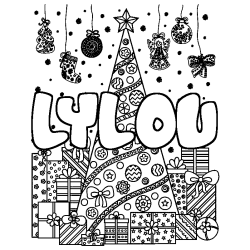 Coloriage pr&eacute;nom LYLOU - d&eacute;cor Sapin et Cadeaux
