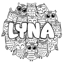 Coloriage pr&eacute;nom LYNA - d&eacute;cor Chouettes