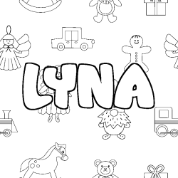 Coloriage pr&eacute;nom LYNA - d&eacute;cor Jouets