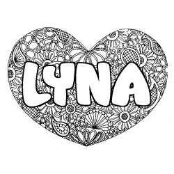 Coloriage pr&eacute;nom LYNA - d&eacute;cor Mandala coeur