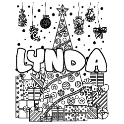 Coloriage prénom LYNDA - décor Sapin et Cadeaux