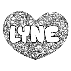 Coloriage pr&eacute;nom LYNE - d&eacute;cor Mandala coeur