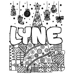 Coloriage pr&eacute;nom LYNE - d&eacute;cor Sapin et Cadeaux