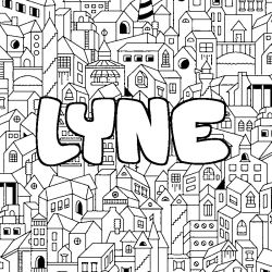 Coloriage prénom LYNE - décor Ville