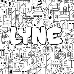 Coloriage pr&eacute;nom LYNE - d&eacute;cor Ville